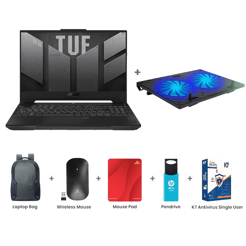 Picture of Asus TUF Gaming F15 - Intel Core i7-13620H 15.6" (39.62cm) FX507VU-LP210W Gaming Laptop (16GB/ 512GB SSD/ Full HD Display/ Windows 11 Home/ NVIDIA GeForce RTX 4050/ 1Year Warranty/ / Mecha Gray/2.20 Kg) Zebronics ZEB-NC3300 USB Powered Laptop Cooling Pad + Laptop Bag + Wireless Mouse + Mouse Pad + Pendrive + K7 Antivirus Single User